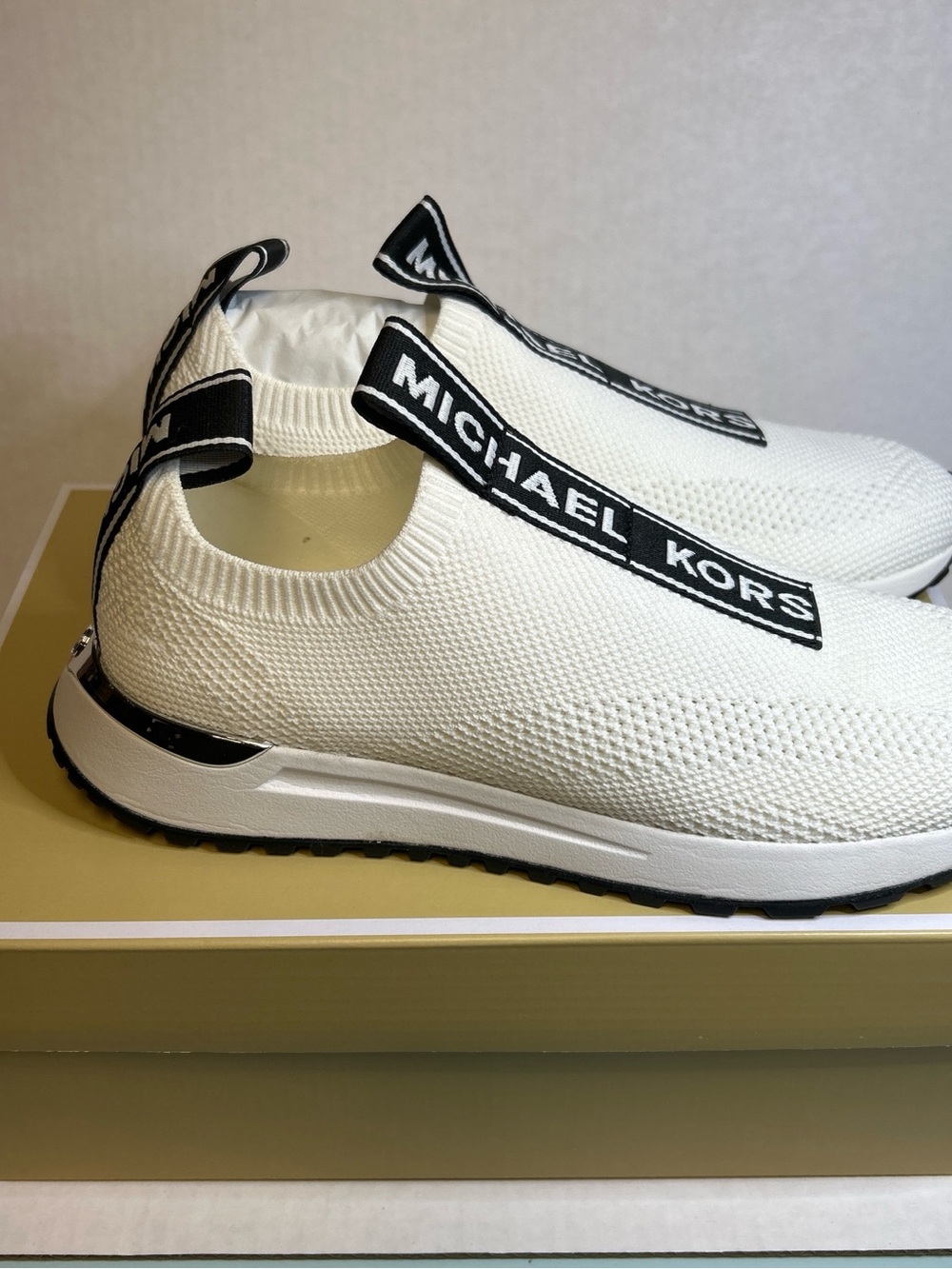 Michael Kors White Knit Slip-On Sneakers with Black Logo Tabs - Picture 2 of 4